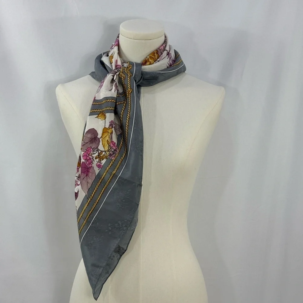 Cordier Vintage 100%  Silk Scarf Gray Pink Floral 34x34.5